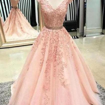 A Line Cap Sleeves Lace V Neck Flesh Pink Prom..