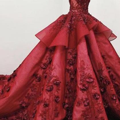 Luxurious Burgundy Lace Ball Gown 3d Floral Prom..