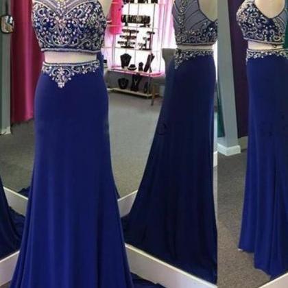Two Piece Royal Blue See Through Beaded Mermaid..