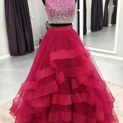 Fashion Two Pieces Beaded Bodice Tiered Skirt Prom..