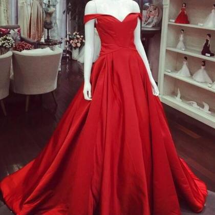 Long A Line Off The Shoulder Red Satin Prom..