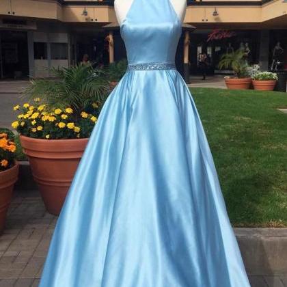 A Line Light Blue Satin Halter Long Prom Dresses..