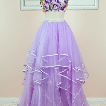 2021 Dark Lilac Tiered Skirt 2 Pieces Prom Dresses..