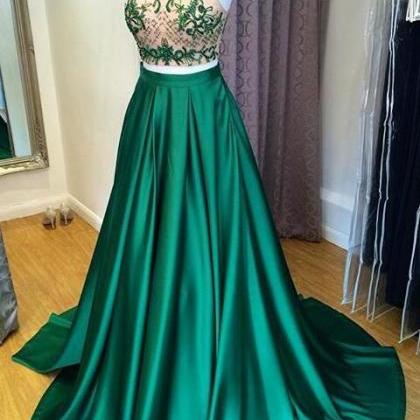 2 Pieces Green Satin Prom Dresses A Line Long..