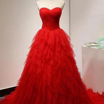 Sweetheart Ball Gown Red Tiered Tulle Prom Dresses..