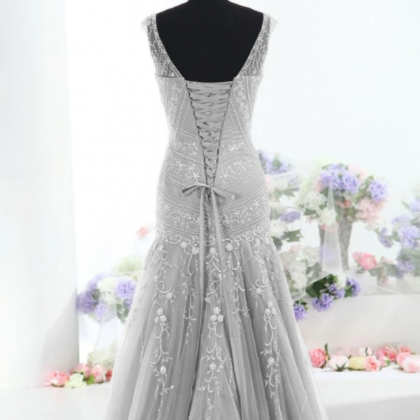 Embroidery Mermaid Sleeveless Silver Evening Prom..