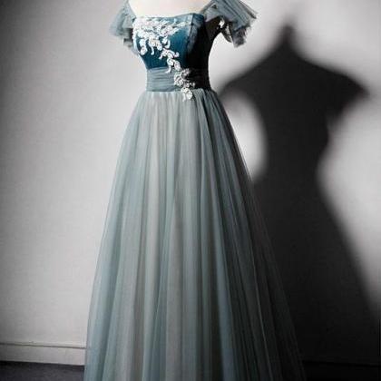 Blue Gray Velvet Formal Prom Dress,pl0461
