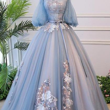 Victorian Vintage Style Long Dusty Blue Evening..
