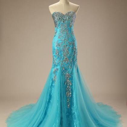 Turquoise Jeweled Lace Mermaid Formal Evening..