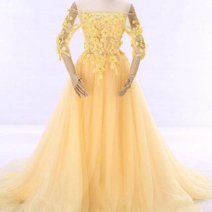 Yellow Off Shoulder Formal Evening Gown With Daisy..