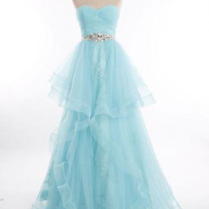 Blue Strapless Tulle Lace Prom Formal Pageant..