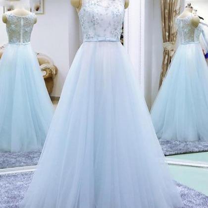 Powder Blue Long Evening Dress With Flowers,pl0517