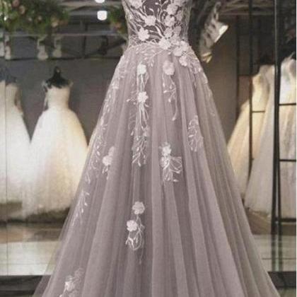 Grey Jewel Neck Cap Sleeves A-line Prom Dress,robe..