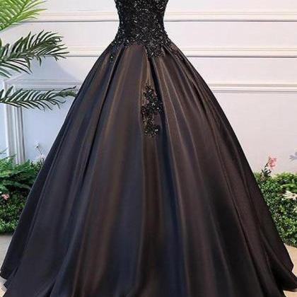 Black Ball Gown Illusion Neck Cap Sleeves Prom..