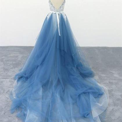 A-Line Appliqued Tulle Floor Length Spaghetti Straps Prom Dress Lilac main image 1