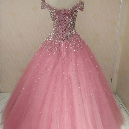 Ball Gown Off-the-shoulder Pink Sparkly Prom Dress..