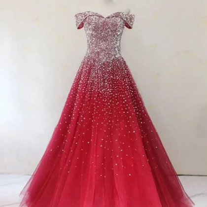 Ball Gown Off-the-shoulder Pink Sparkly Prom Dress..