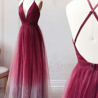 Ombre Burgundy A Line Prom Dress Simple Formal..