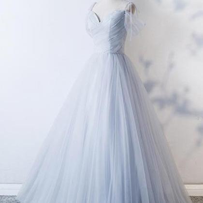 A Line Silver Prom Dress Plus Size Tulle Prom..
