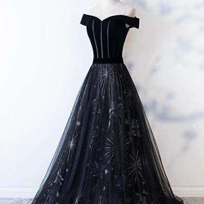 Chic Black Prom Dress Lace Short Sleeve Prom..