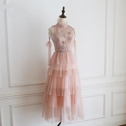 Pink Ruffle Stand Collar Tulle Long Formal..