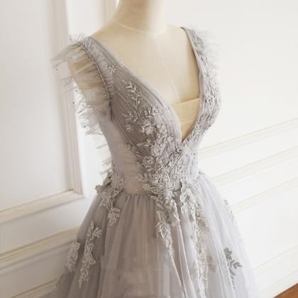 Light Grey Lace Tulle Long Prom Dress With..