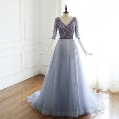 Elegant Lavender V-neck Long Prom Dress With..