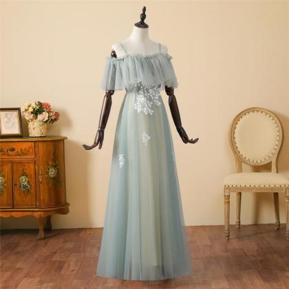 Dusty Blue Lace Appliqued Tulle Long Prom..