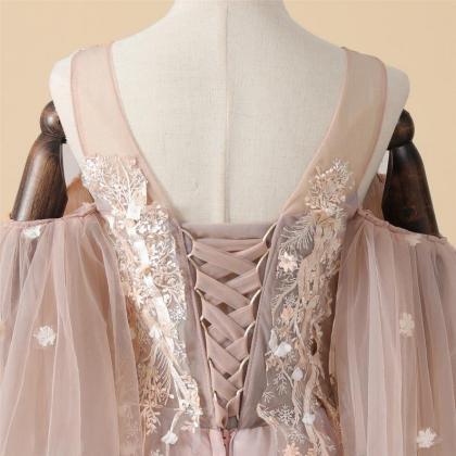 Blush Pink Lace Appliqued Long Prom Dress,pl0775