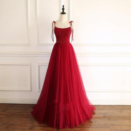Red A-line Tulle Long Formal Dress With Tie..