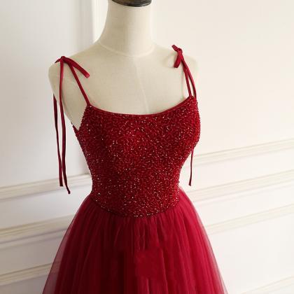 Red A-line Tulle Long Formal Dress With Tie..