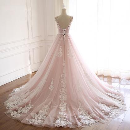 Pearl Pink And White Lace Long Formal Dress,pl0786