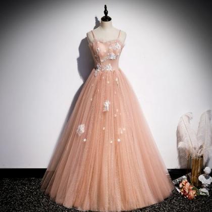 Light Peach Tulle Long Prom Dress with Flowers, Princess Ball Gown Sheer Neck Party Dress UQ2202