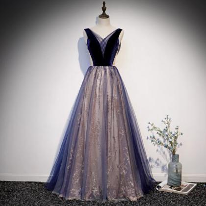 Navy Blue Sparkle Long Evening Dress With Velvet..