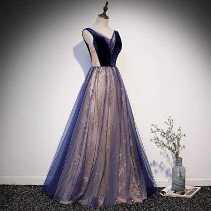 Navy Blue Sparkle Long Evening Dress With Velvet..