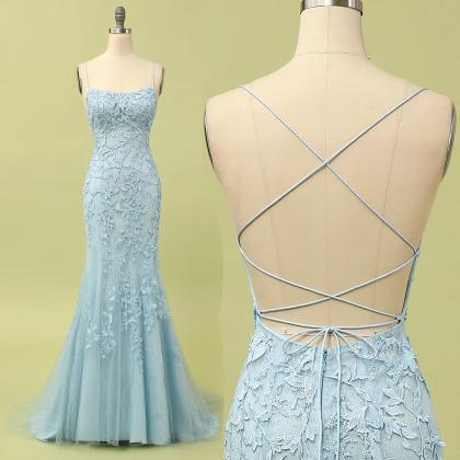 Light Blue Lace Mermaid Long Prom Dress,pl0800