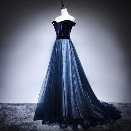 Off The Shoulder Navy Blue Long Prom Dress,pl0803