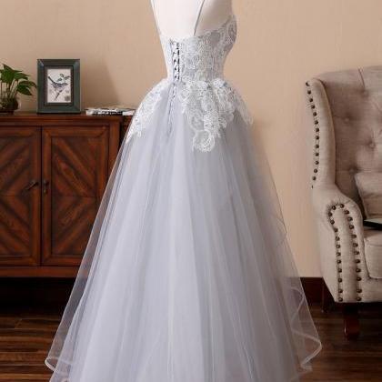 Grey Straps Unique Style Formal Dress, Tulle With..