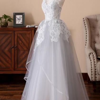 Grey Straps Unique Style Formal Dress, Tulle With..