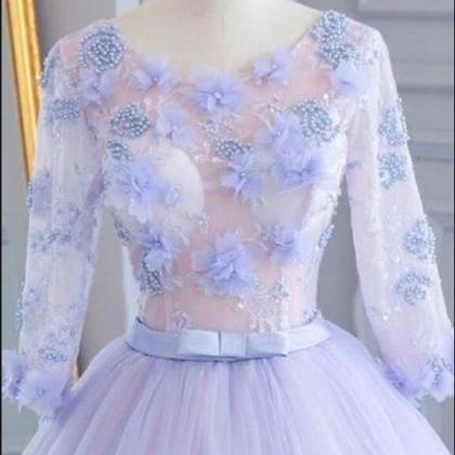 Unique Lavender Tulle Mid Sleeve Long A-line Lace..