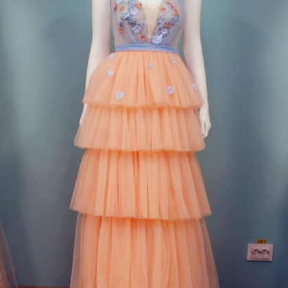 V Neck Peach Skirt Long Prom Dresses,pl0925