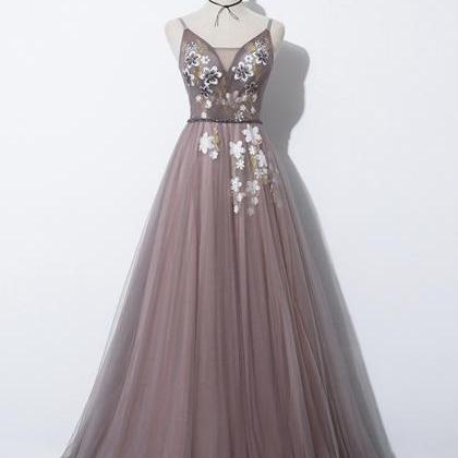 A Line V Neck Tulle Lace Long Prom Dress,pl0930
