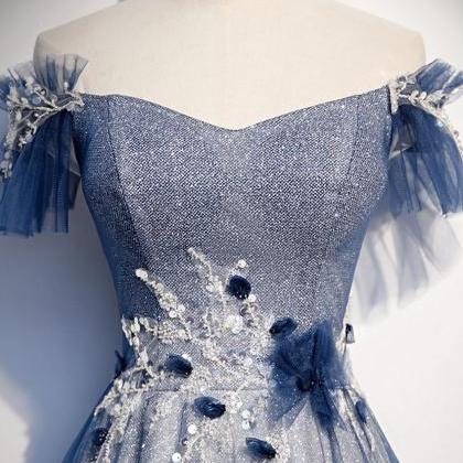 Blue Tulle Sequins Long Prom Dress Blue Evening..