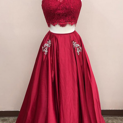 Burgundy Lace Top Two Pieces Prom Dresses,floor..
