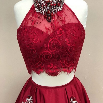 Burgundy Lace Top Two Pieces Prom Dresses,floor..