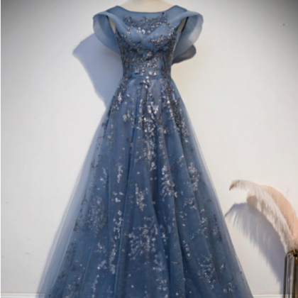 Blue Tulle Sequins Cap Sleeve Scoop Prom..
