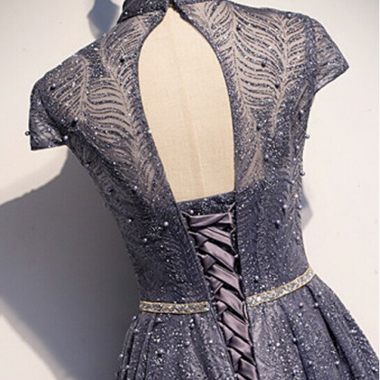 Purple Sequins High Neck Cap Sleeve Pearls Prom..