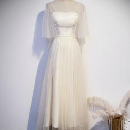 Light Champagne Tulle Square Short Sleeve Prom Dress