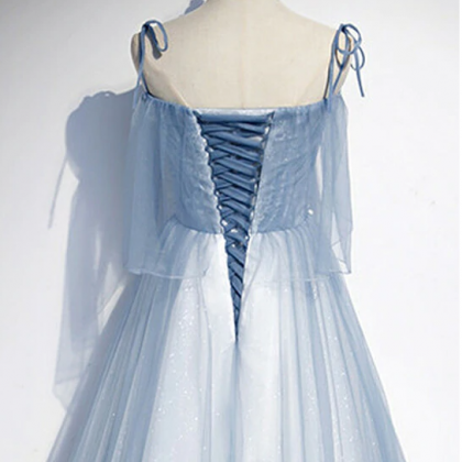 A Line Spaghetti Straps Blue Tulle Appliques Prom Dress LBQ4237