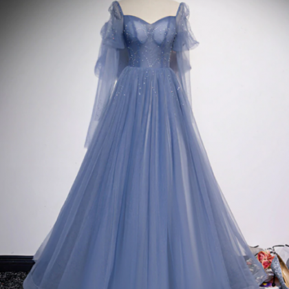 Blue Tulle Square Long Sleeve Beading Prom..